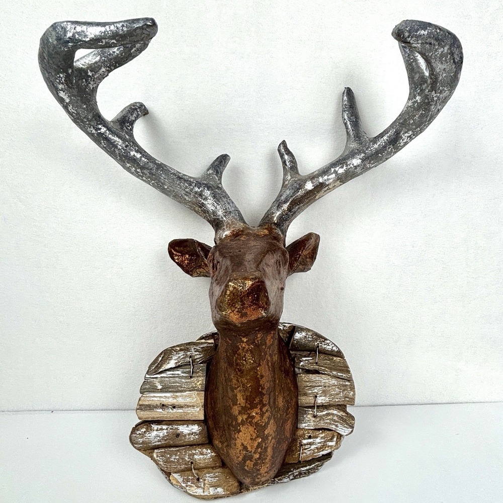 Paper Mache Deer Stag Head Wall Sculpture Silver Gold Driftwood Antlers 20"
